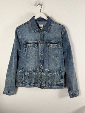 DW Women's Blue Denim Jean Jacket Embroidered Daisy Floral Button Front XL New